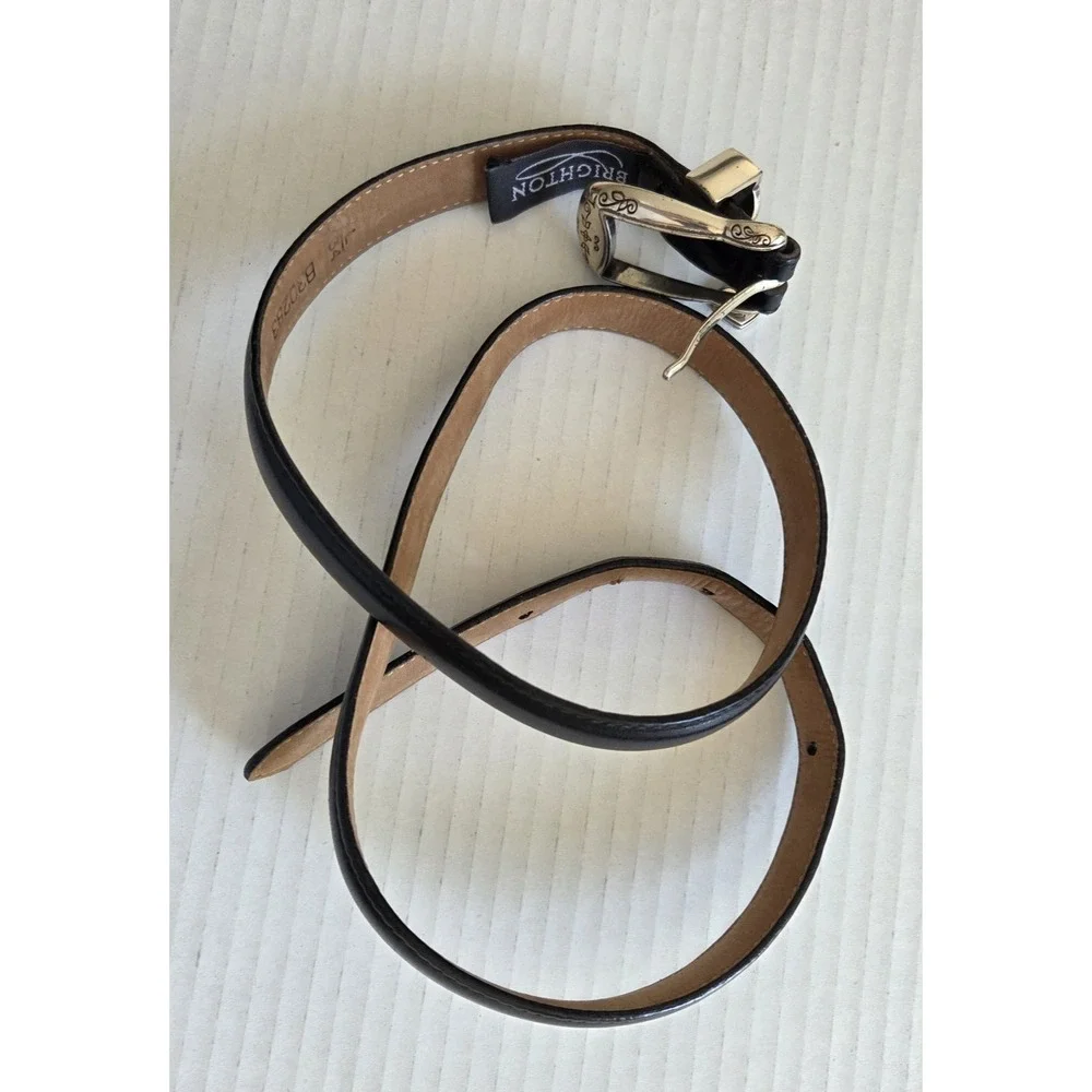 Vtg Brighton Skinny Belt B30283 Black Silver Buckle 3 Small Heart Charms Lg 34
